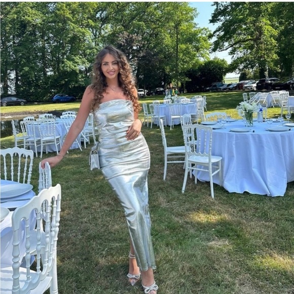 Zara Fitted Metallic Dress Silver Strapless - Picture 6 of 14